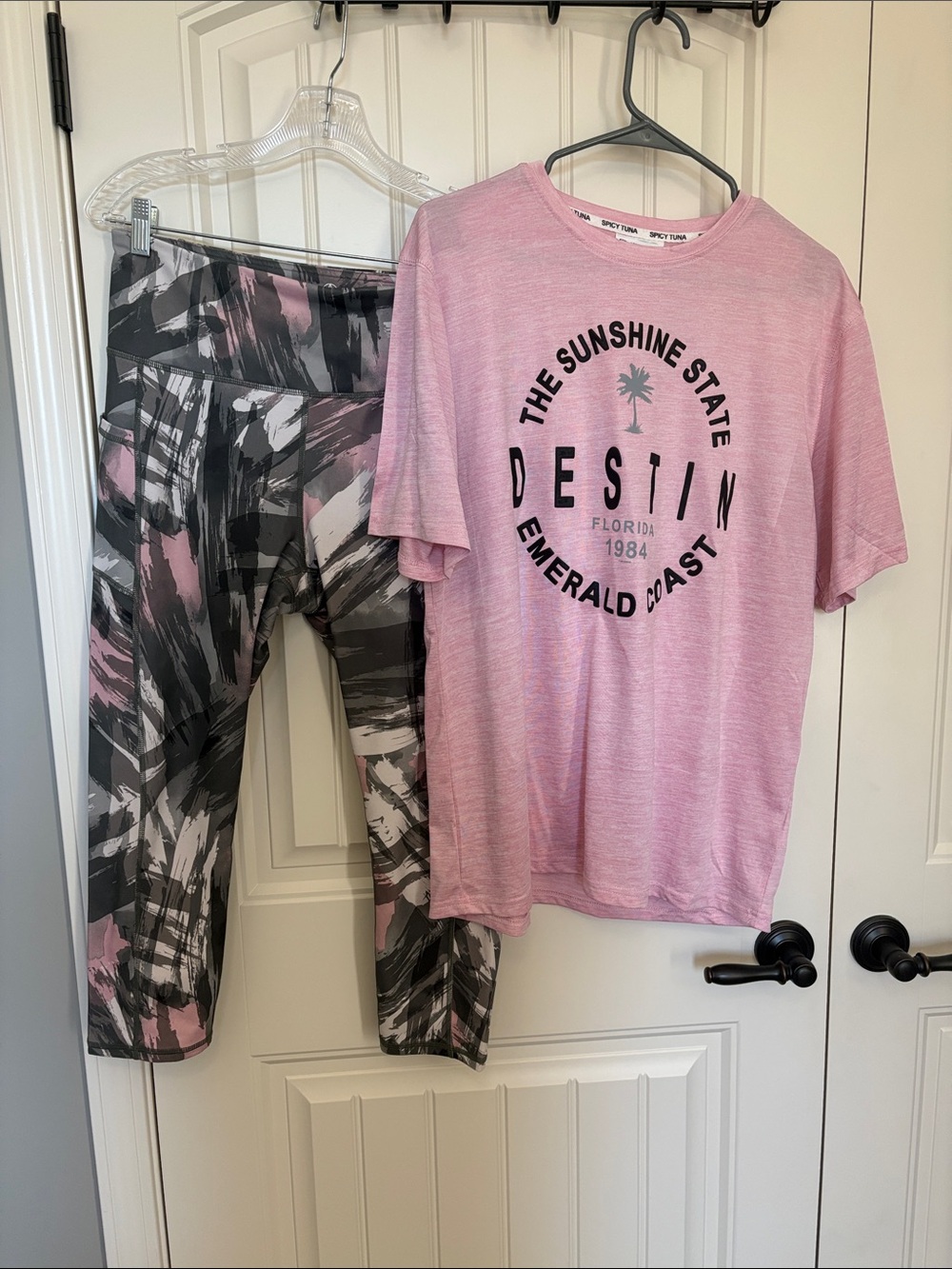 Destin Pink Graphic Tee and Patterned Capri Leggings Set